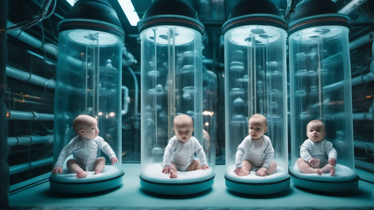8k image, babies floating in experimental vertical incubator tubes in giant ancient laboratory