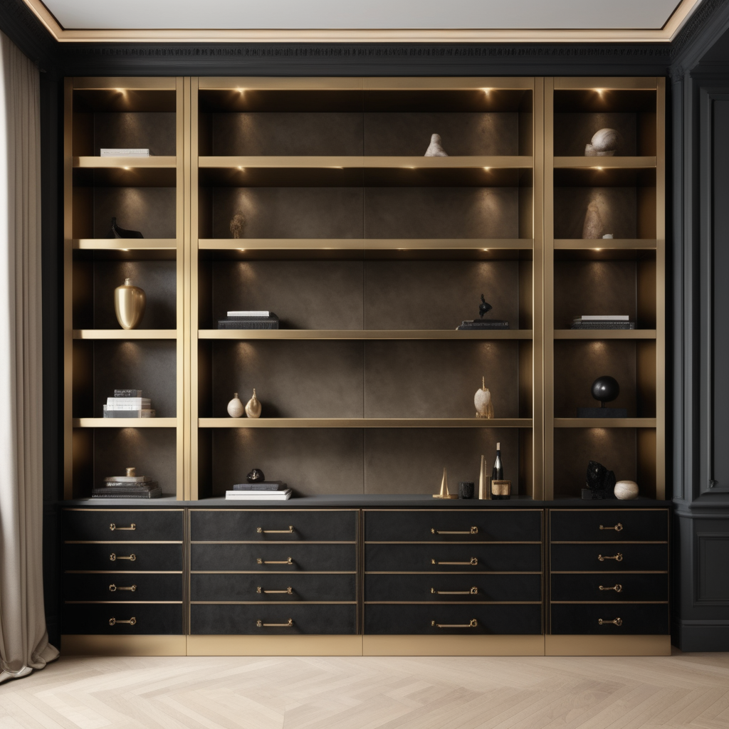 hyperrealistic image of  elegant, Grand modern Parisian wall of floor to ceiling buitl-in brass shelves with suede drawers at the bottom, in a beige, light oak, black and brass colour palette