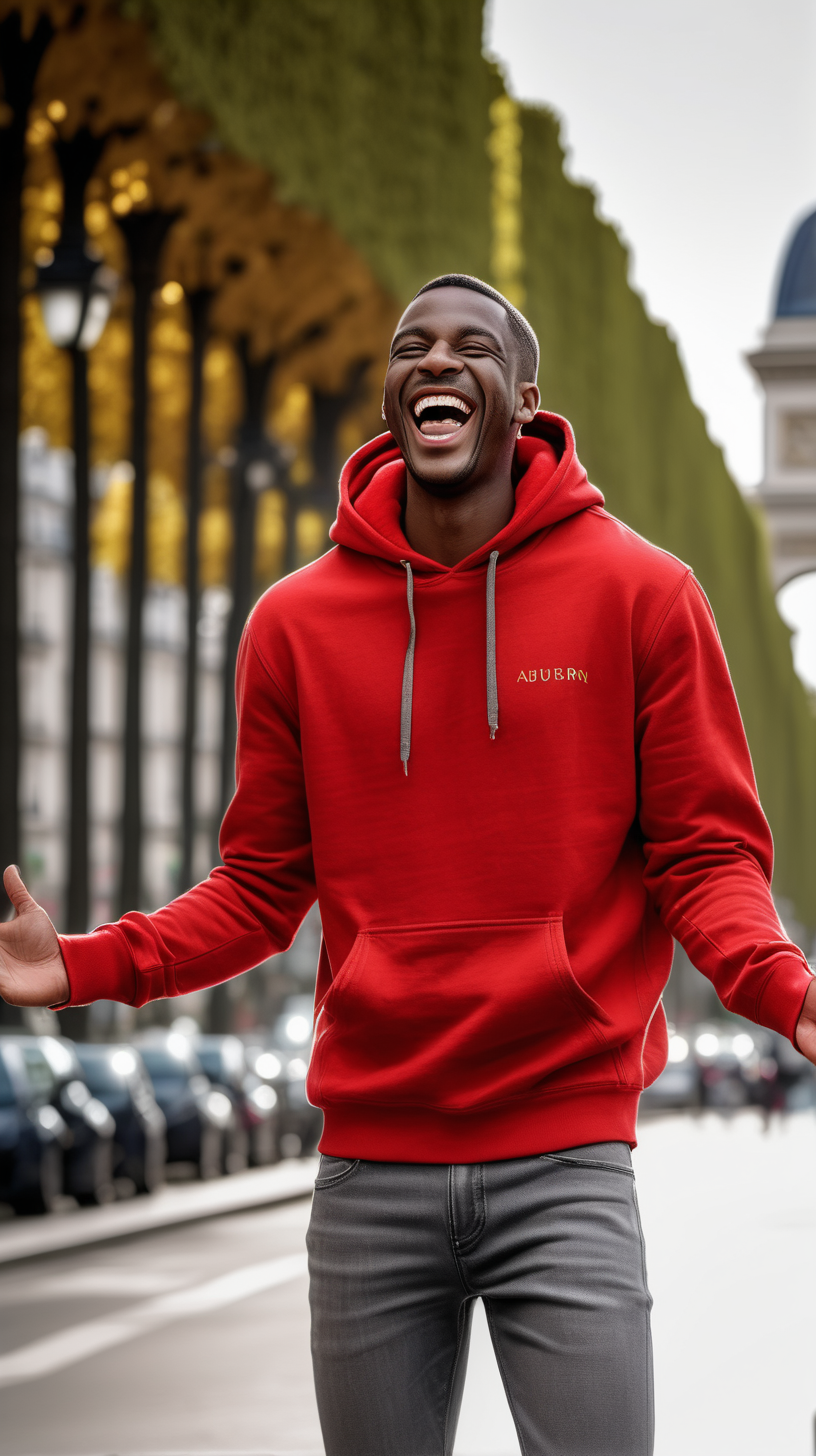 sexy, Black, man, laughing with joy, slim build, auburn, low haircut, wearing a Red, Hooded sweatshirt, wearing grey denim, with the Champs Elyses' inthe background, 4k, outdoor light source, High Definition clear resolution