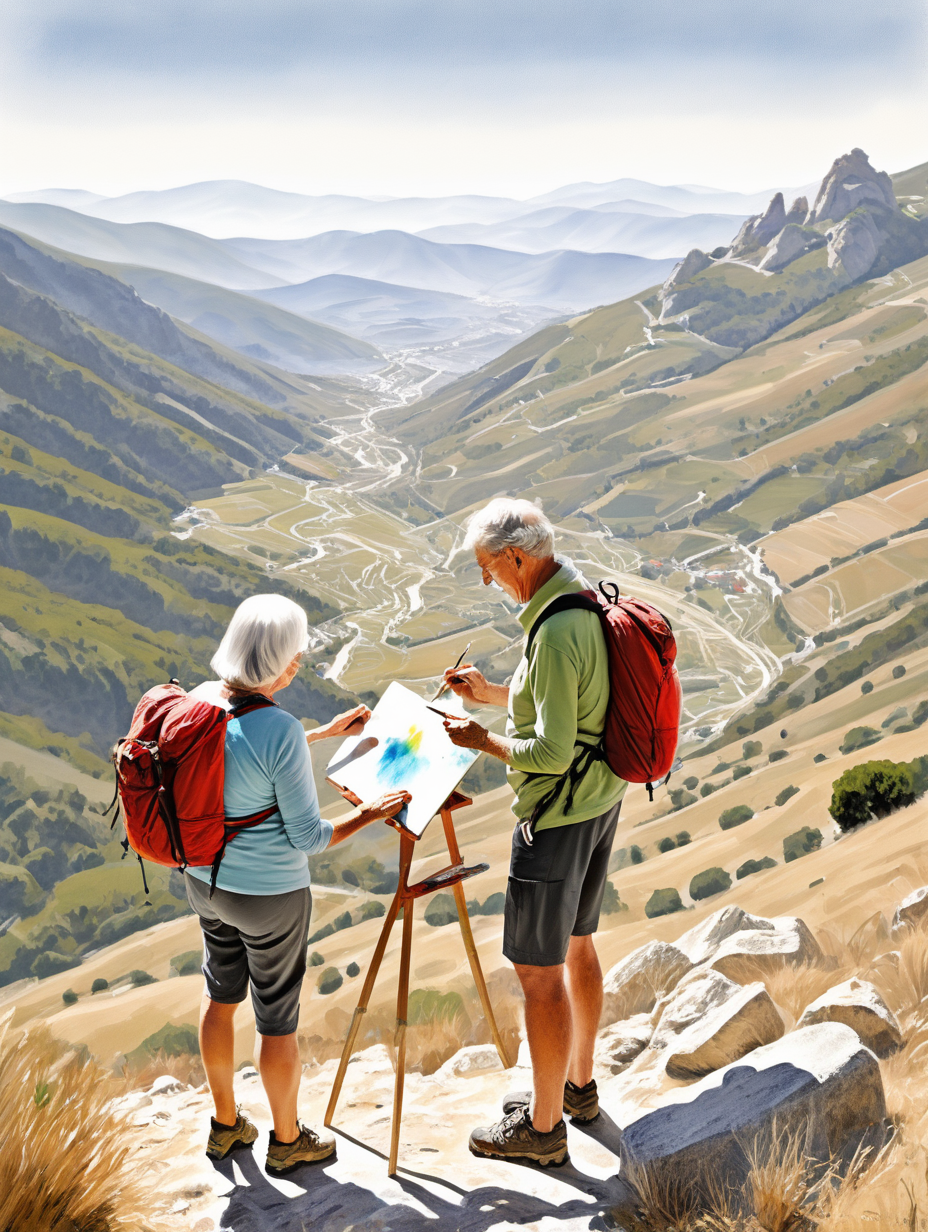 A couple in their mid 60s, hiking in the Spanish mountains, doing a painting of the valley.