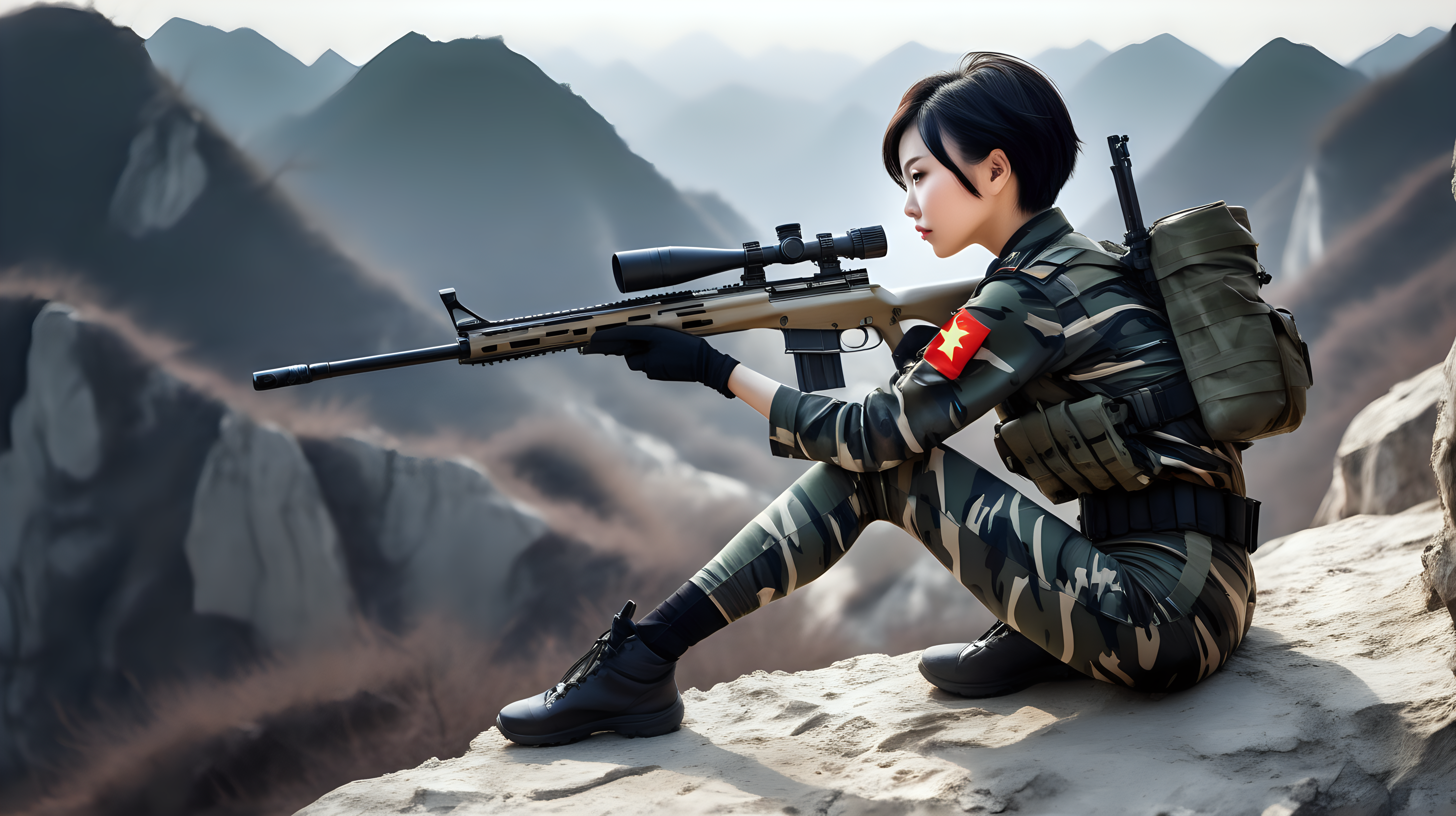 Chinese female soldierShort hairBlack hairCamouflage leggingsLying on the