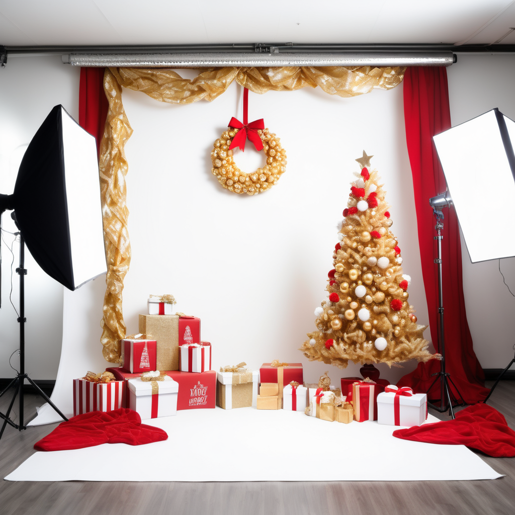 gold and white and red christmas photo studio set up
