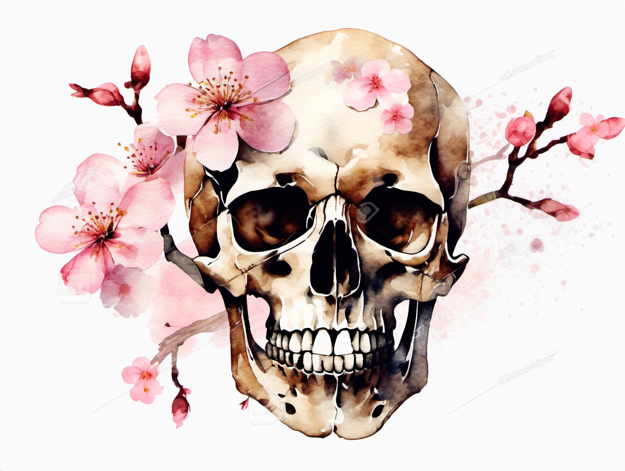 human skull with sakura blossom in the style