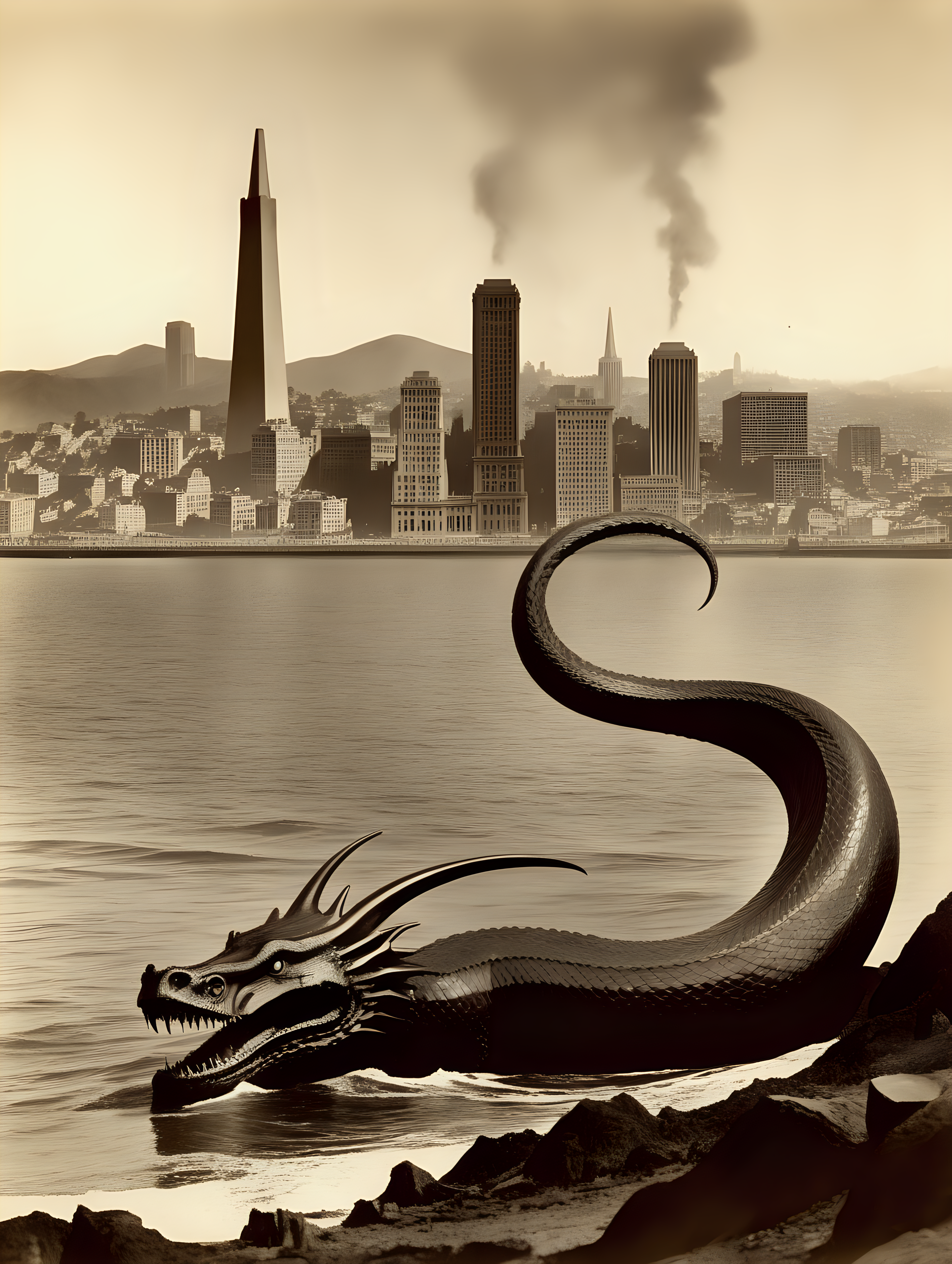 3 horned sea serpent destroying 1900s San Francisco