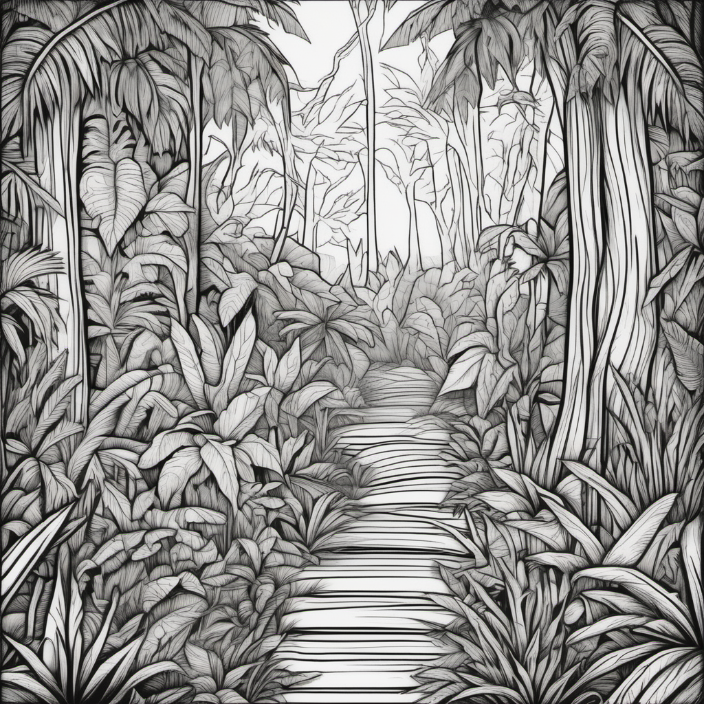 scary jungle background, dark lines, no shading, coloring book pages