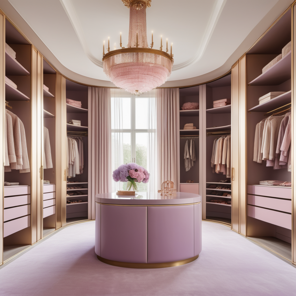 hyperrealistic image of large modern Parisian walk in closet with island and full length mirror, floor to ceiling windows, curves, beige, pink, lilac and brass colour palette, brass chandelier, sheer curtains