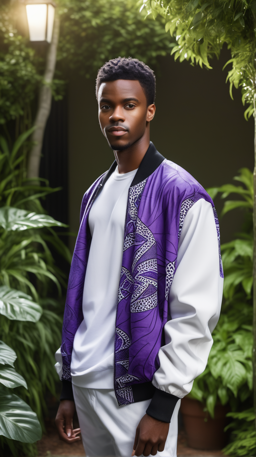 A handsome, young, Black man, wearing short, black hair, wearing a Purple, African print, shawl wrap, standing against a lush garden background, Facing  the camera, wearing a white, ultra modern, nylon bomber, wearing a blue dress shirt, white tee-shirt, wearing heather gray, loose fitting, sweatpants, lighting is over the left shoulder, from behind, pointing down, ultra 4k, render, high definition, light shadowing