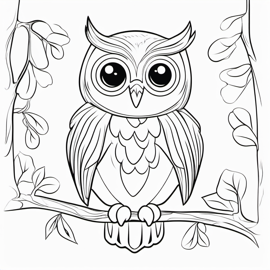 draw a cute owl with only the outline in black for a coloring book for kids
