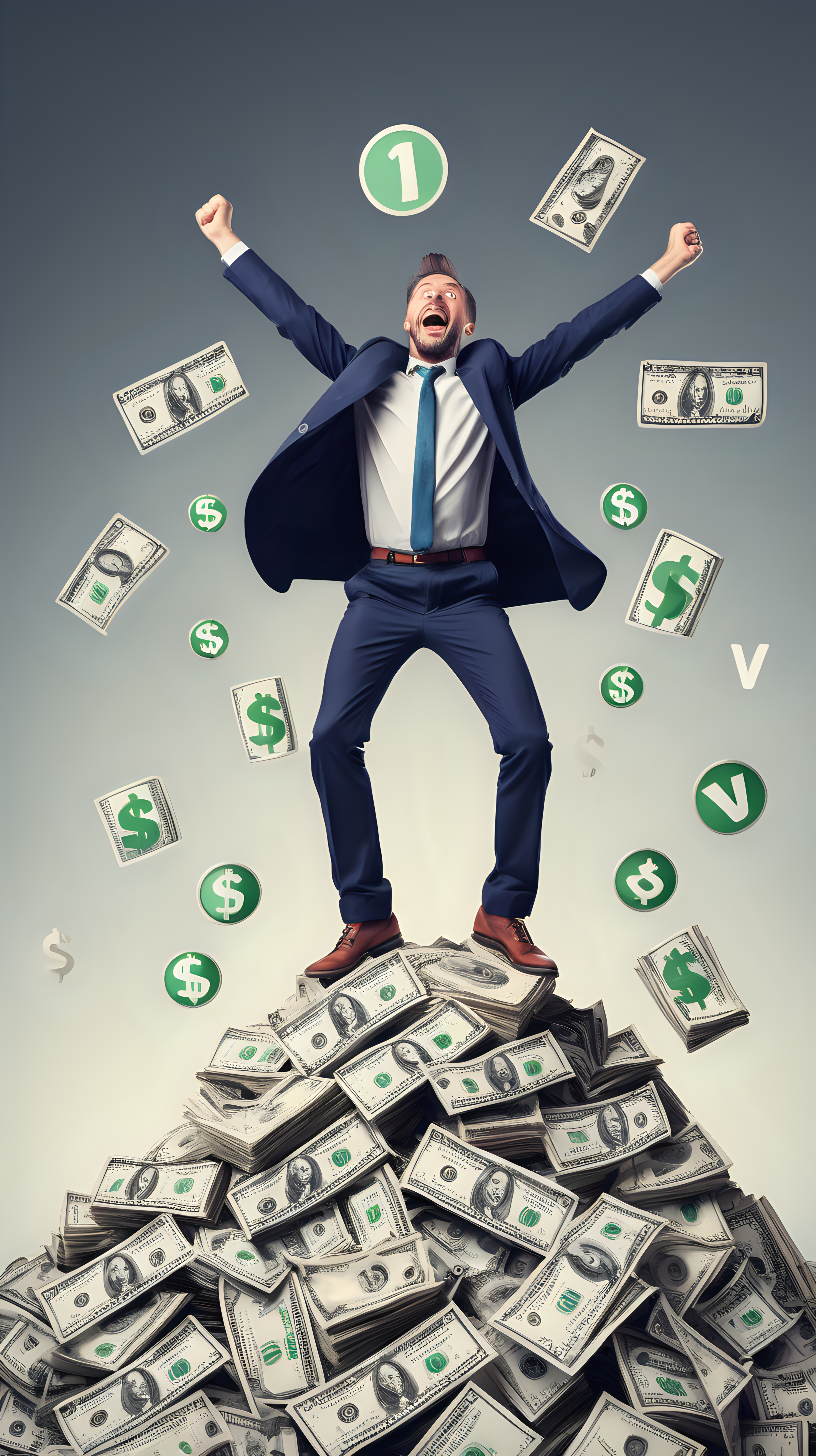 excited man on top of a heap of dollar icons