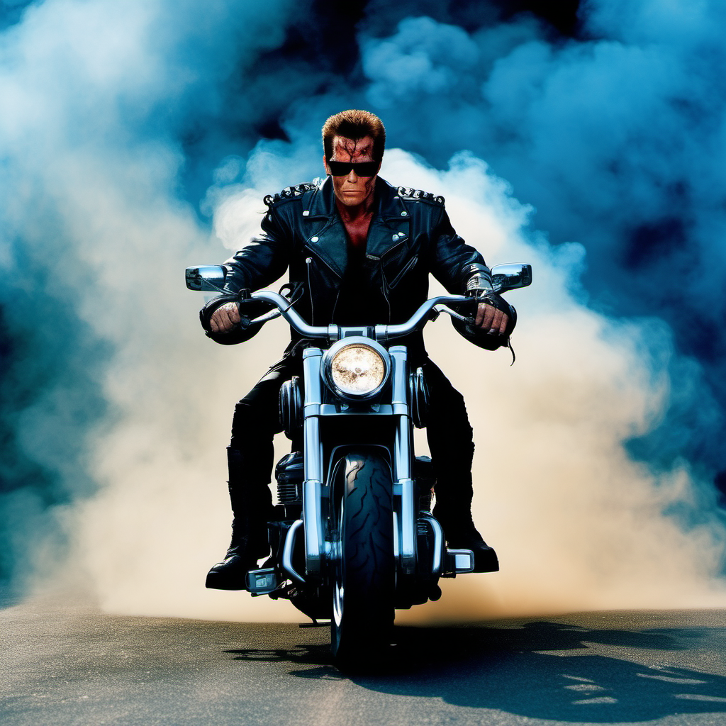 terminator on motorcycle against blue smokey background