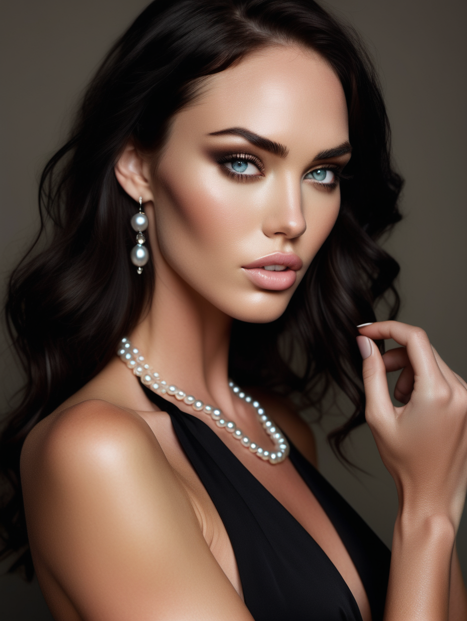 a close up of a nude woman with a black dress and a pearl necklace, perfect colorful eye shadows, inspired by meagan fox, perfect body face and hands, profile picture, images on the sales website, beautiful android woman, muted colour