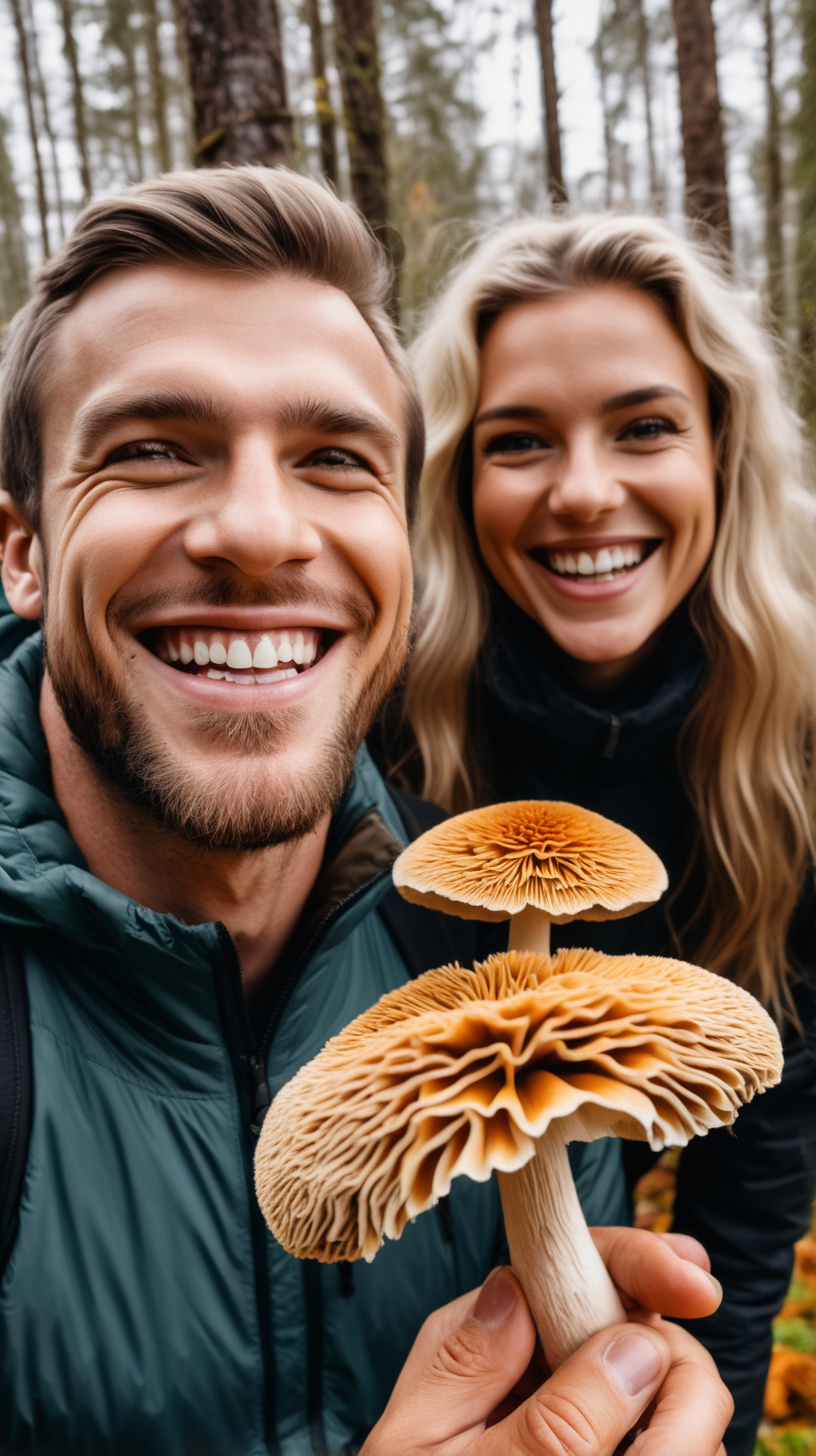 Man and woman taking LionsMane mushroom smiling happy