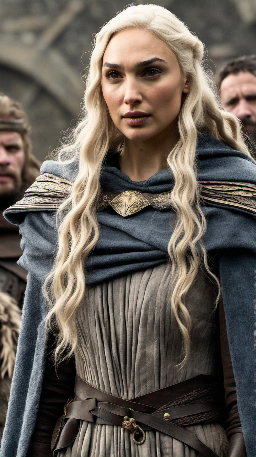 Gal Gadot, with long platinum blonde hair, wearing a traveling clothes and cloak in Game of Thrones. The hood is up.