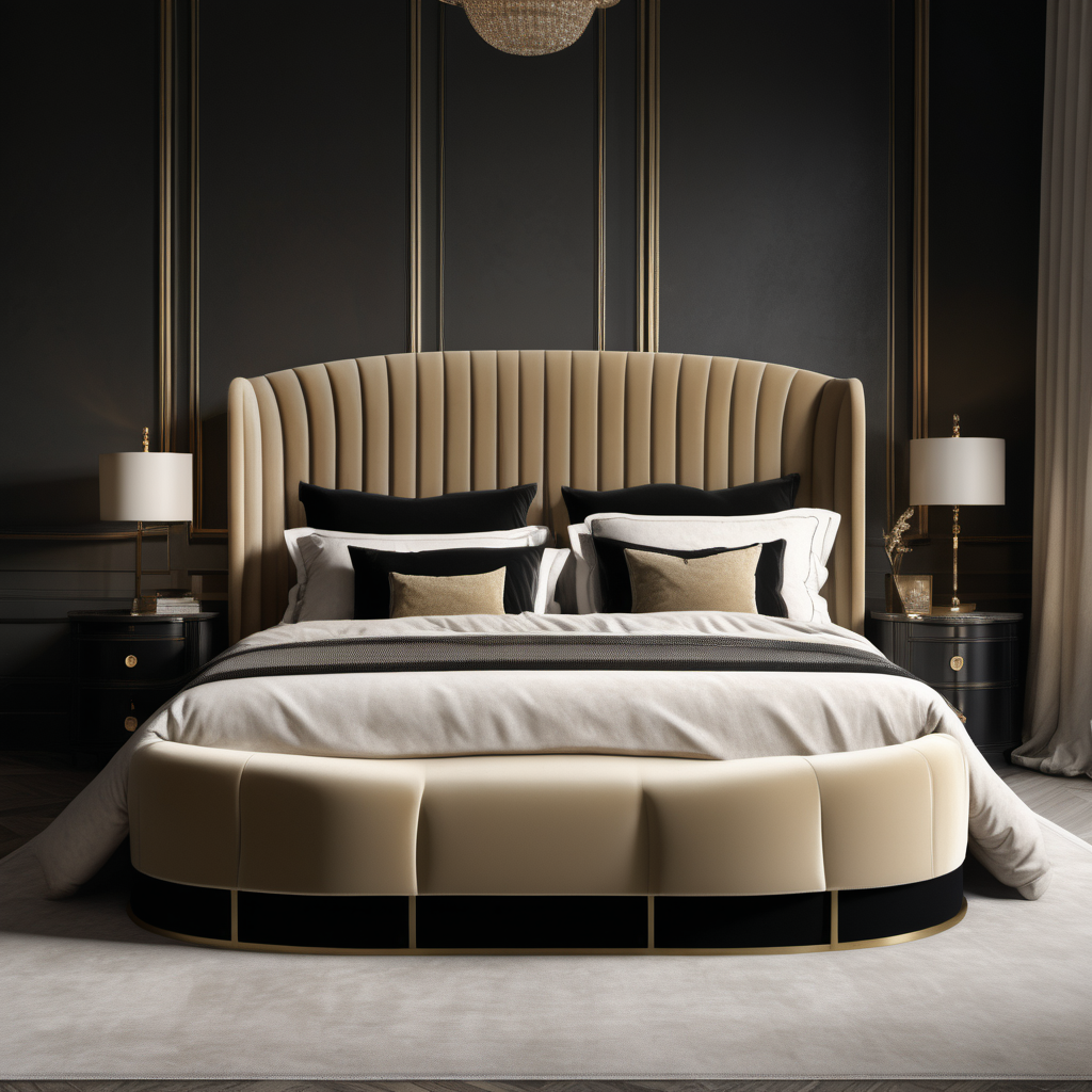 a hyperrealistic image of a velvet modern Parisian  king bed with curved headboard  in beige, oak, black and brass 
