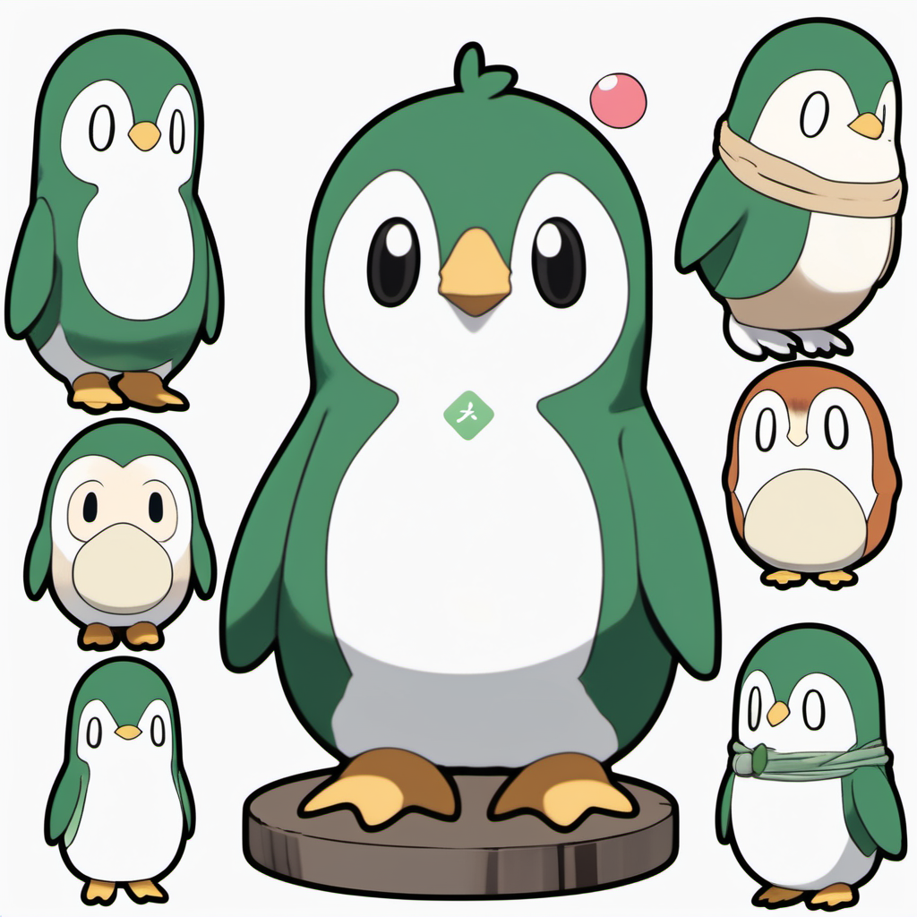Rowlet, jingai san no yome ghibli style, character sheet, pokemon style, Japanese style, cute, penguin, simple, baby, emoticon, 
Figure, 
gacha
