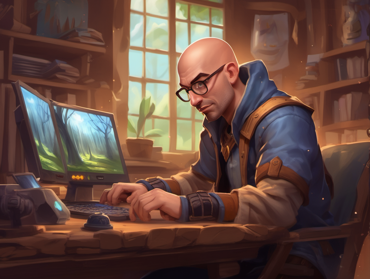 https://i.ibb.co/TBwzm4r/1702818162749m7egx85z.png Digital art in the style of hearthstone card art. The subject is a male character on his 30s bald fade doing digital art on a wacom and monitor. The scene takes place in a office with natural elements such as things made of out of trees or grass.--v 5.3 --zoom 1.5