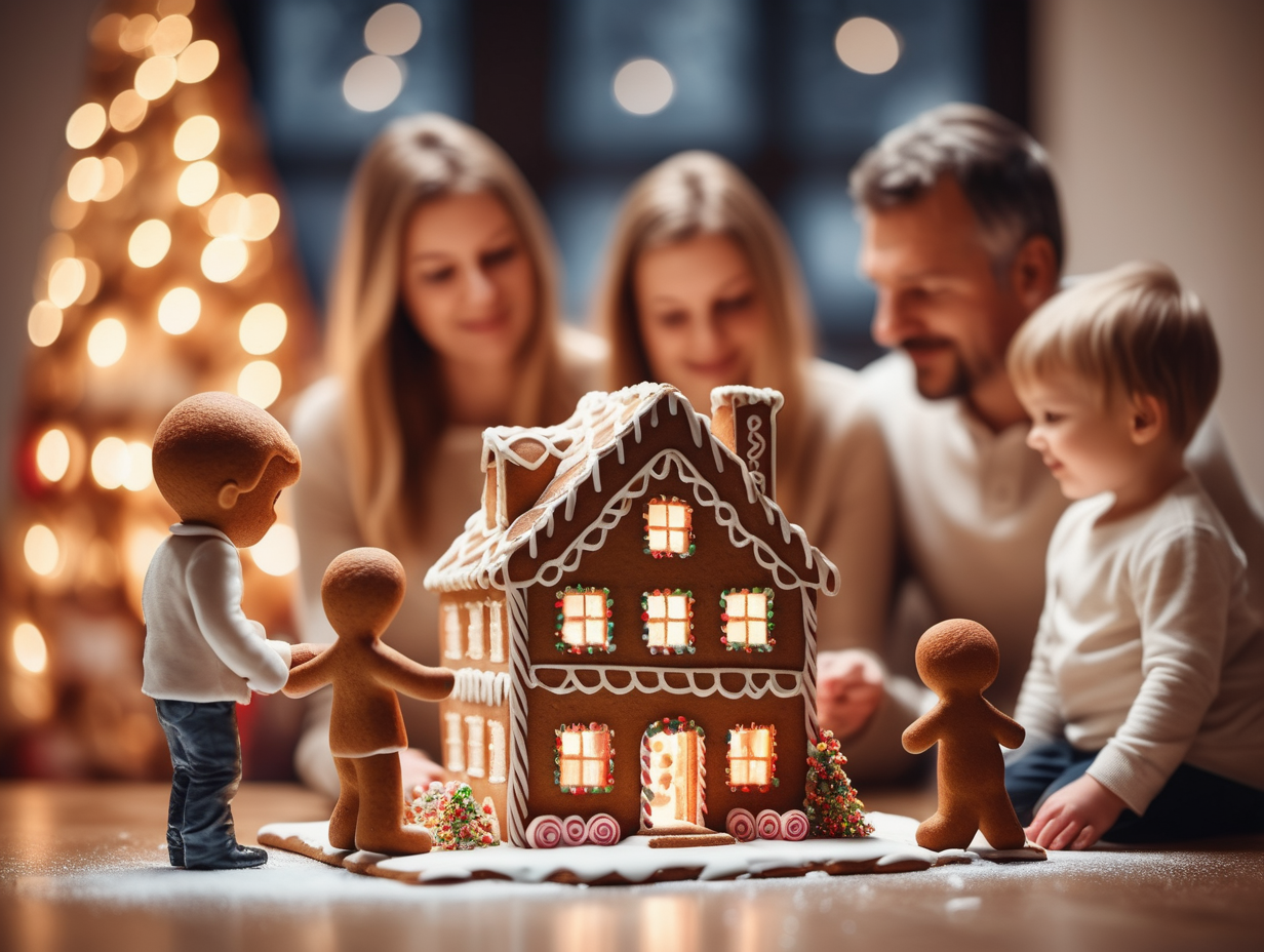 artistic style image of out of focus family, perspective from behind, building a gingerbread house, neutral colours, ambient lighting, pretty bokeh background