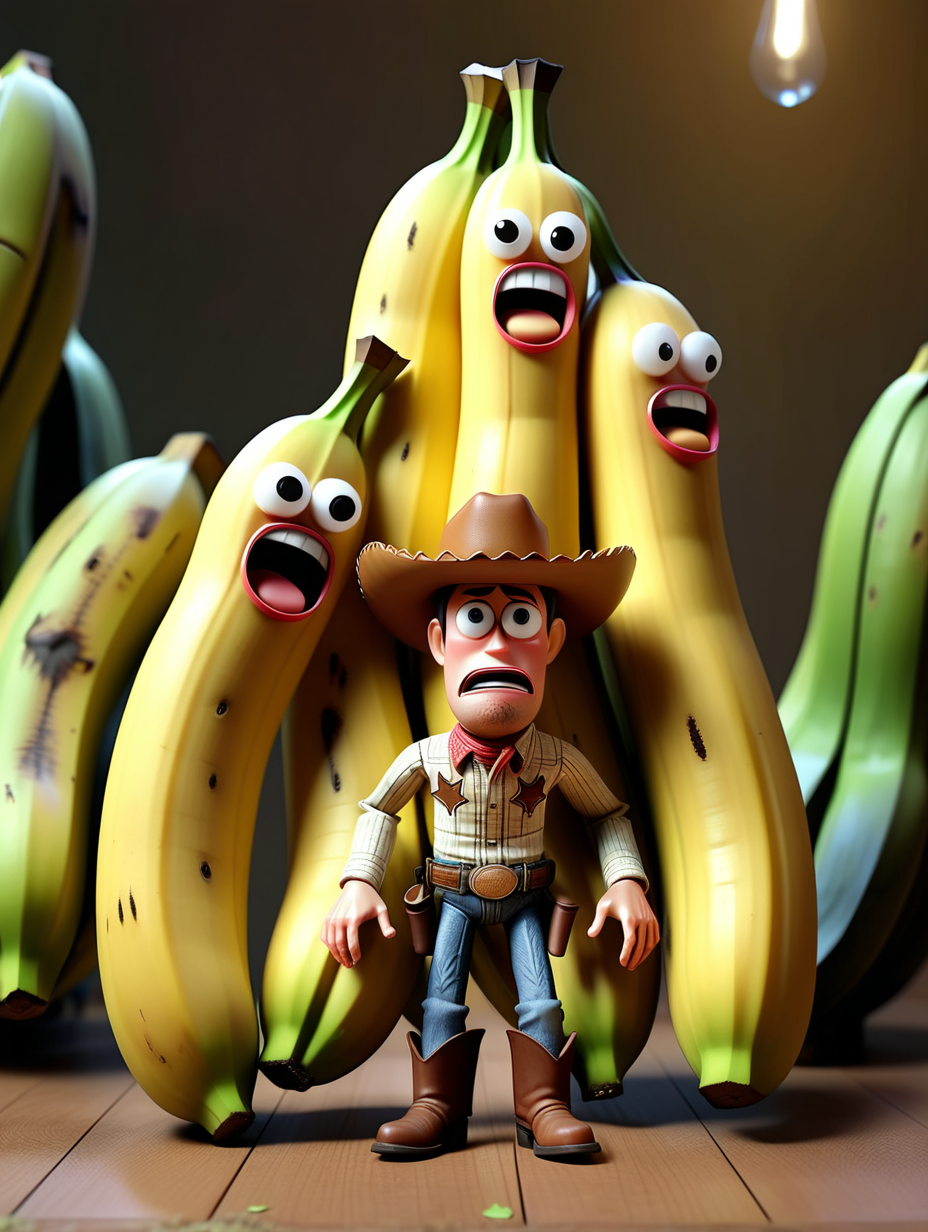 toy cowboy toy standing next to three giant bananas that have a scared faces, full body, with a very sad face frowning crying streams of tears, pixar style animation
