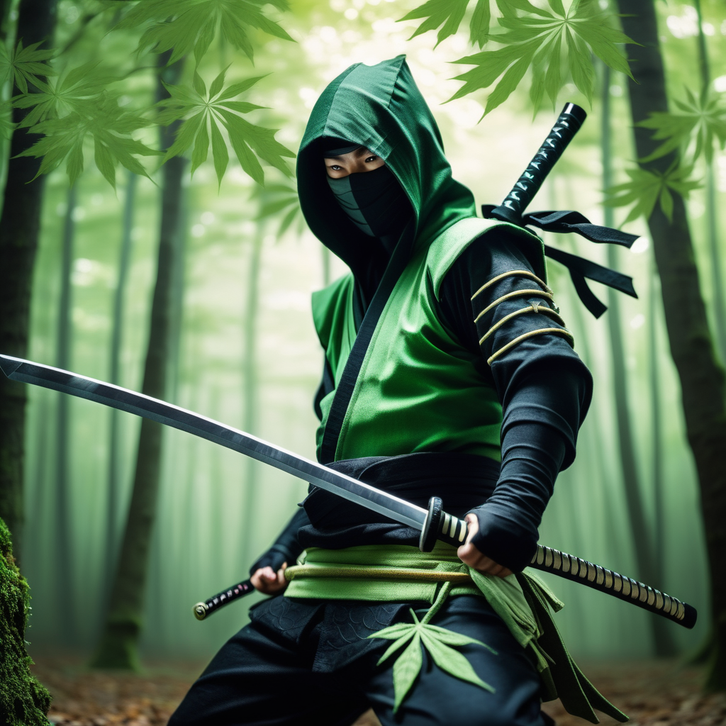 Japanese ninja, ninja outfit with leaves motif, ninja hood, dark green light green, katana, tekko kagi claw weapon, Japanese forest, day