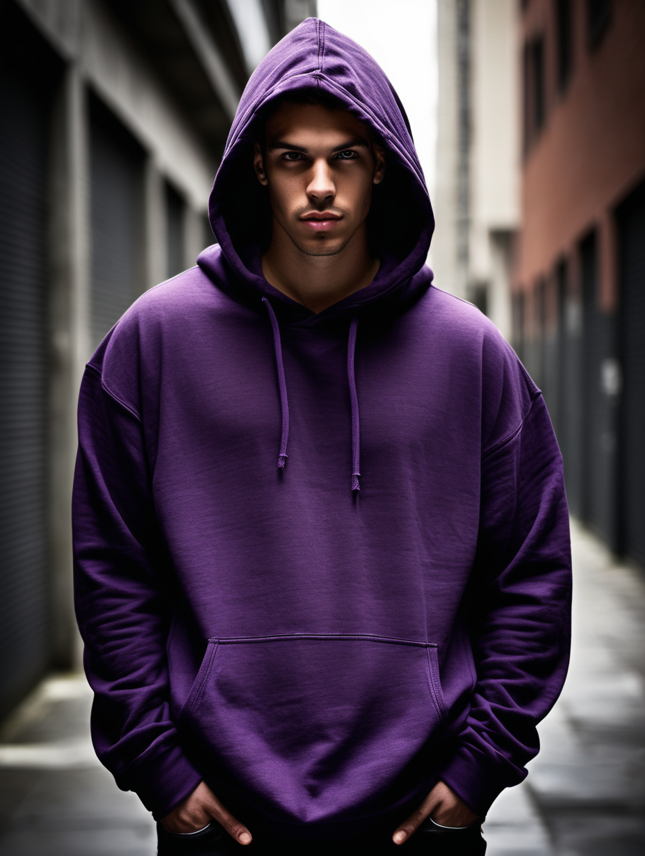 stock photography of urban male wearing oversized dark purple hoodie. grungy setting urban.