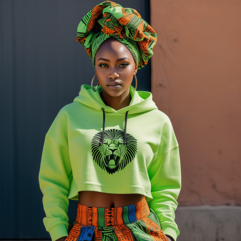 Beautiful Black woman with tribal markings on her eyes and forehead, wearing a multi color African headwrap and African print Skirt, cropped light flourescent green cotton hoodie that has a tie at the midsection, wearing denim with African print material  inside the pockets,  Vibrant images that represent African heritage, In the sernegetti, looking to the left, holding a lion cub, view looking straight at , 4k, high definition, high resolution, light source from above right