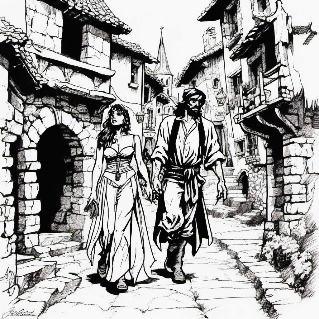Gypsy man and women walking in medieval town inked art John Buscema style


