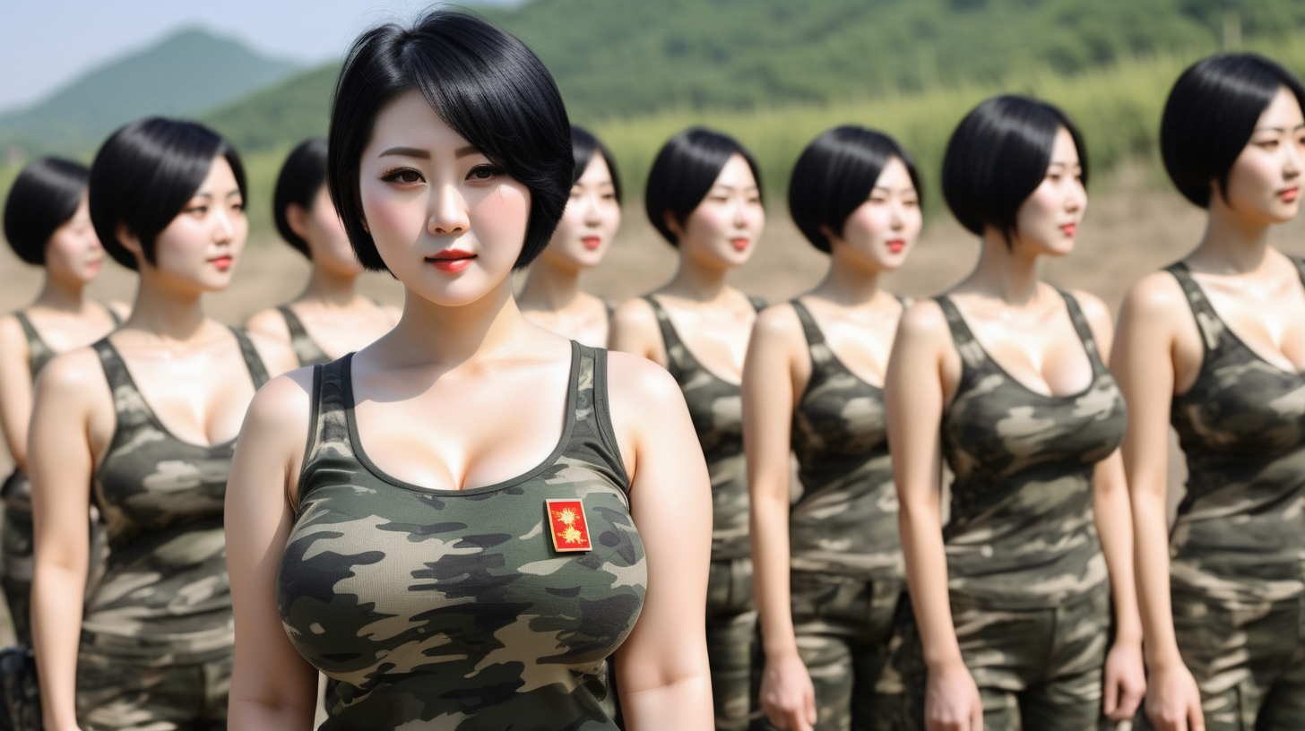 chinese female soldiers
short black hair
camouflage undershirt
huge boobs
stand a line
in the sunshine