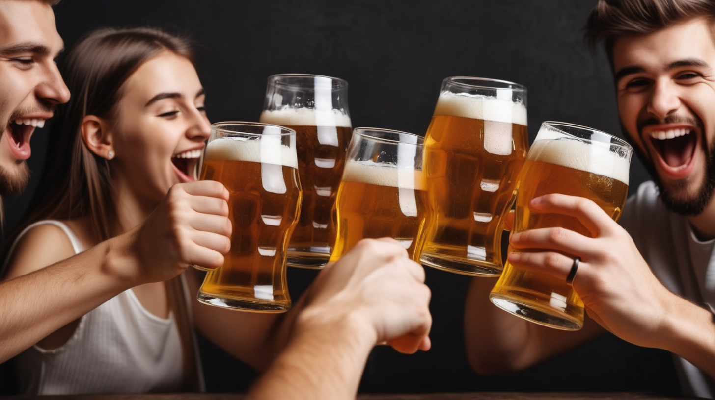 young people celebrating drinking beer out of glasses