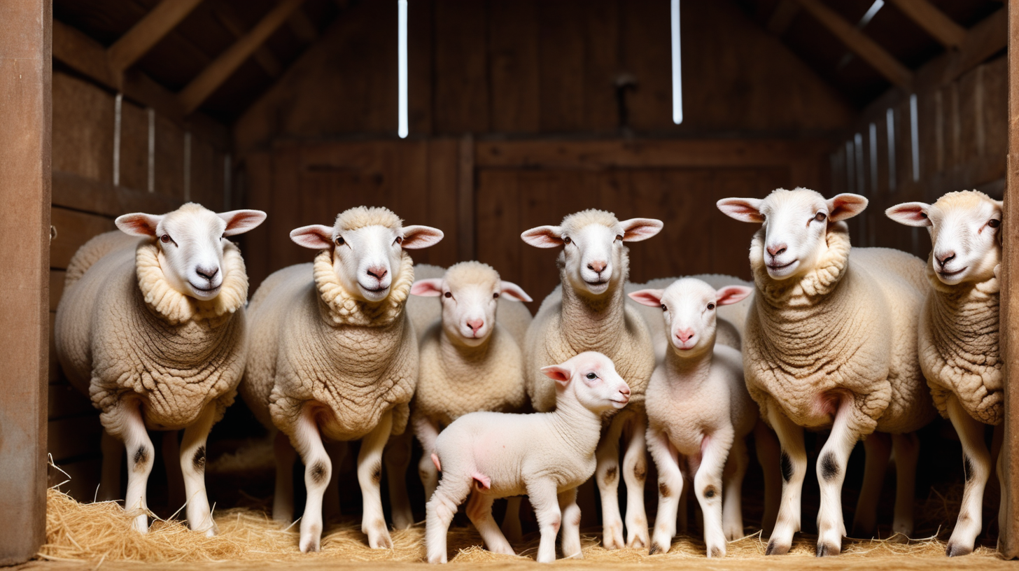 Sheep stable. Group of sheep domestic animals in barn feeding their lamb babies, isolated on background, photo shoot