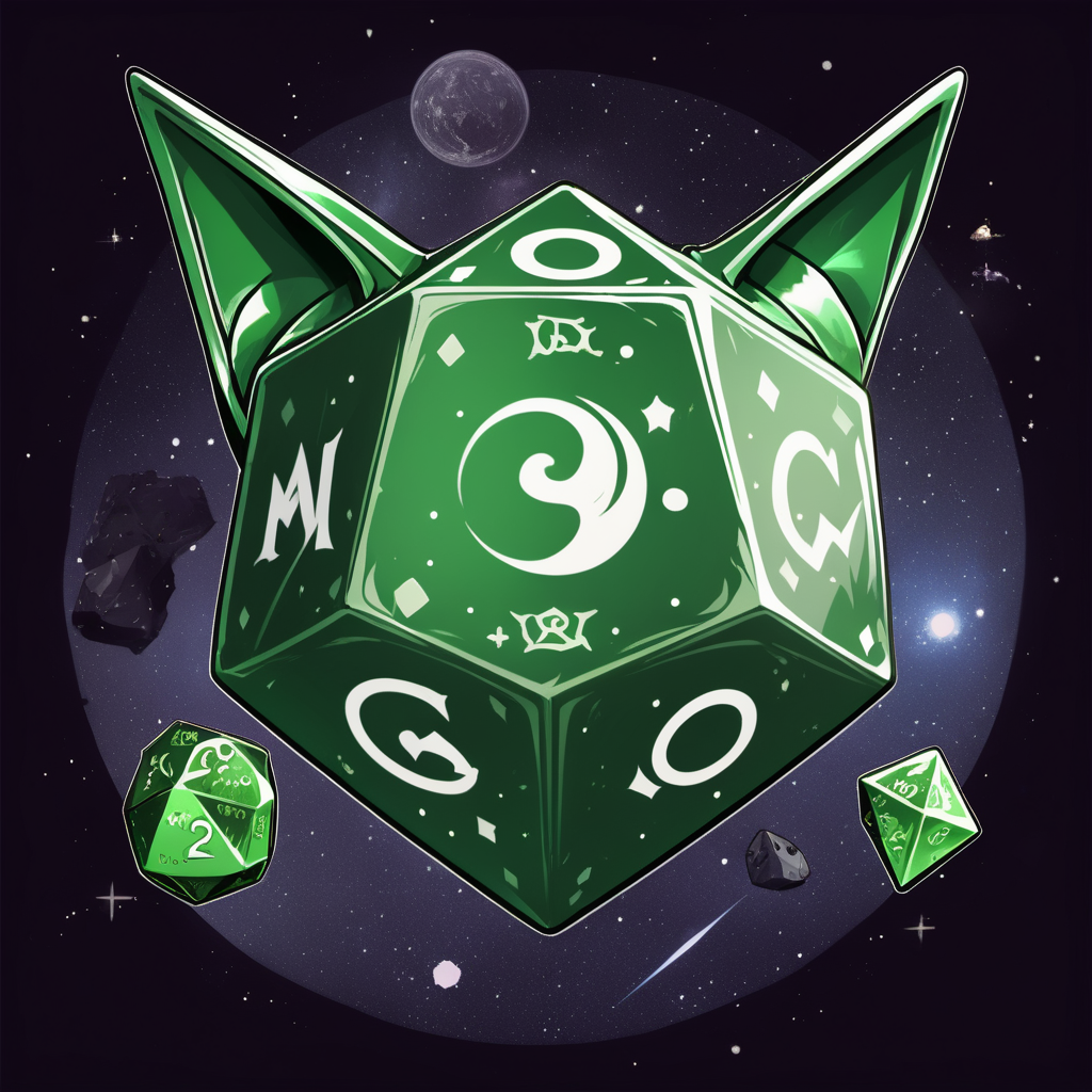 Logo: grüne Katzenohren, Meteoriten, Welt, zwanzigseitiger Würfel, Rollenspiele, Schriftzug soll etwas mit Luna sein.
