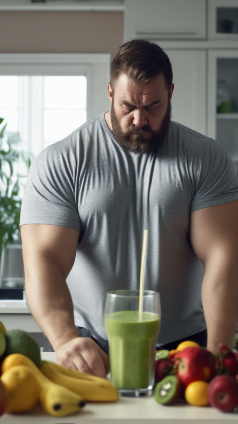 big strong healthy man making a smoothie in