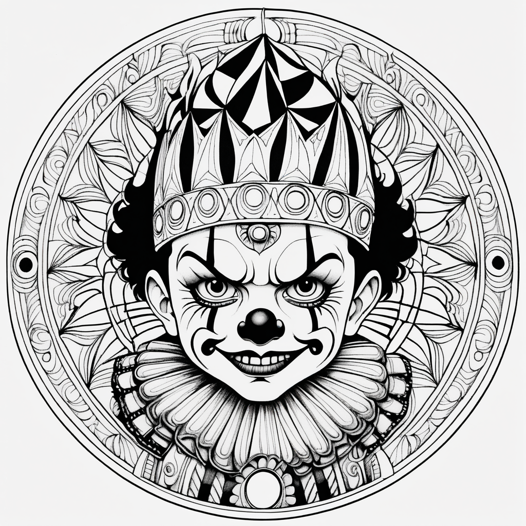 adult coloring page, black & white, strong lines, high details, symmetrical mandala, evil little boy clown 
