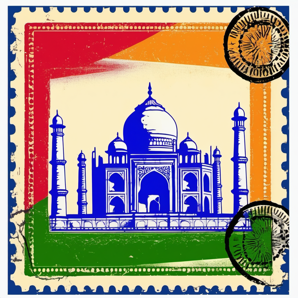 stamp with taj mahal, delhi, indian flag colours, abstract, colourful, disstressed edges