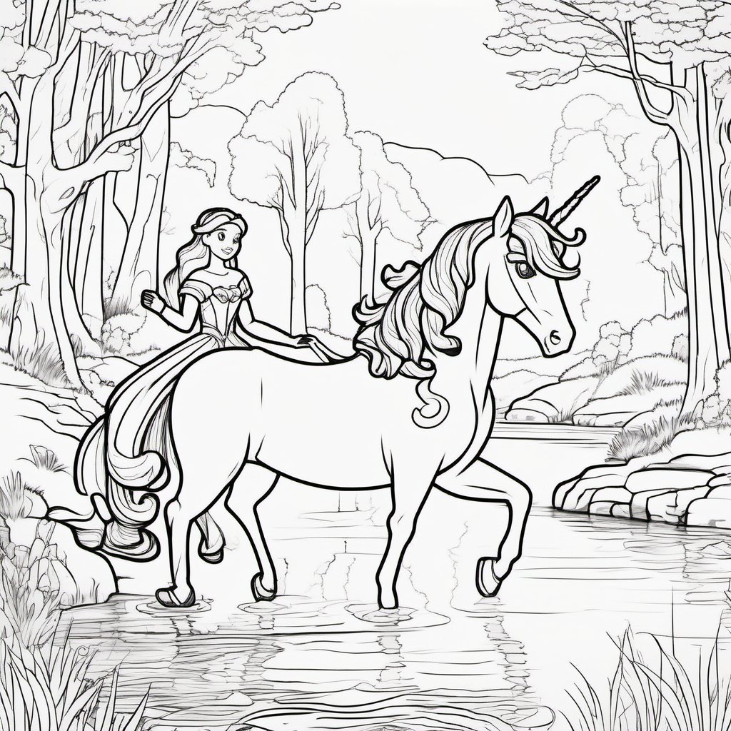 coloring pages for young kids, a princess and unicorn walking in front of a river in a forest , cartoon style, thick lines, low detail, no shading  --ar 9:11