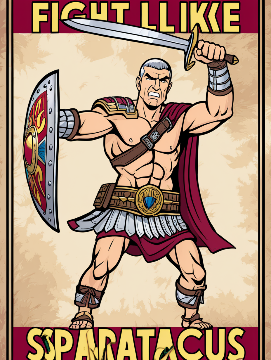 make me a poster for wall frame that says "Fight like Spartacus" and has a cartoon colorful image of a rebel against roman empire Spartacus. Write "Fight like Spartacus" on that poster