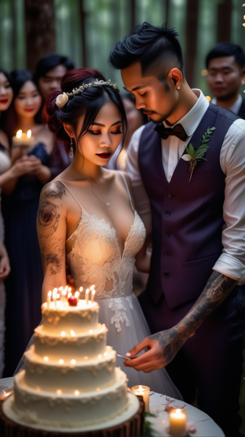 Beautiful Vietnamese woman, body tattoos, dark eye shadow, dark lipstick, hair in a messy updo, wearing a gorgeous wedding dress, bokeh background, soft light on face, holding hands with handsome husband cutting the beautiful wedding cake together, surrounded by wedding guests, in an elaborate candlelit forest wedding, photorealistic, very high detail, extra wide photo, under the moonlight