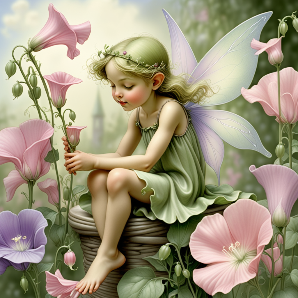  Create a fairy peacefully resting on a sweet pea blossom, dreaming whimsical dreams, reflecting Cicely Mary Barker's ability to infuse magic into every detail.