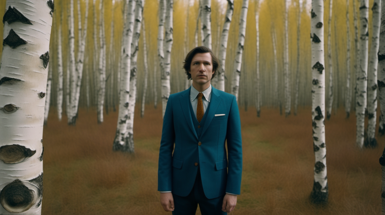 high quality cinematic medium wide -shot portrait of a man standing in a birch forest, looking into camera, wearing a suit from the early 1980s, in the style of a wes anderson film