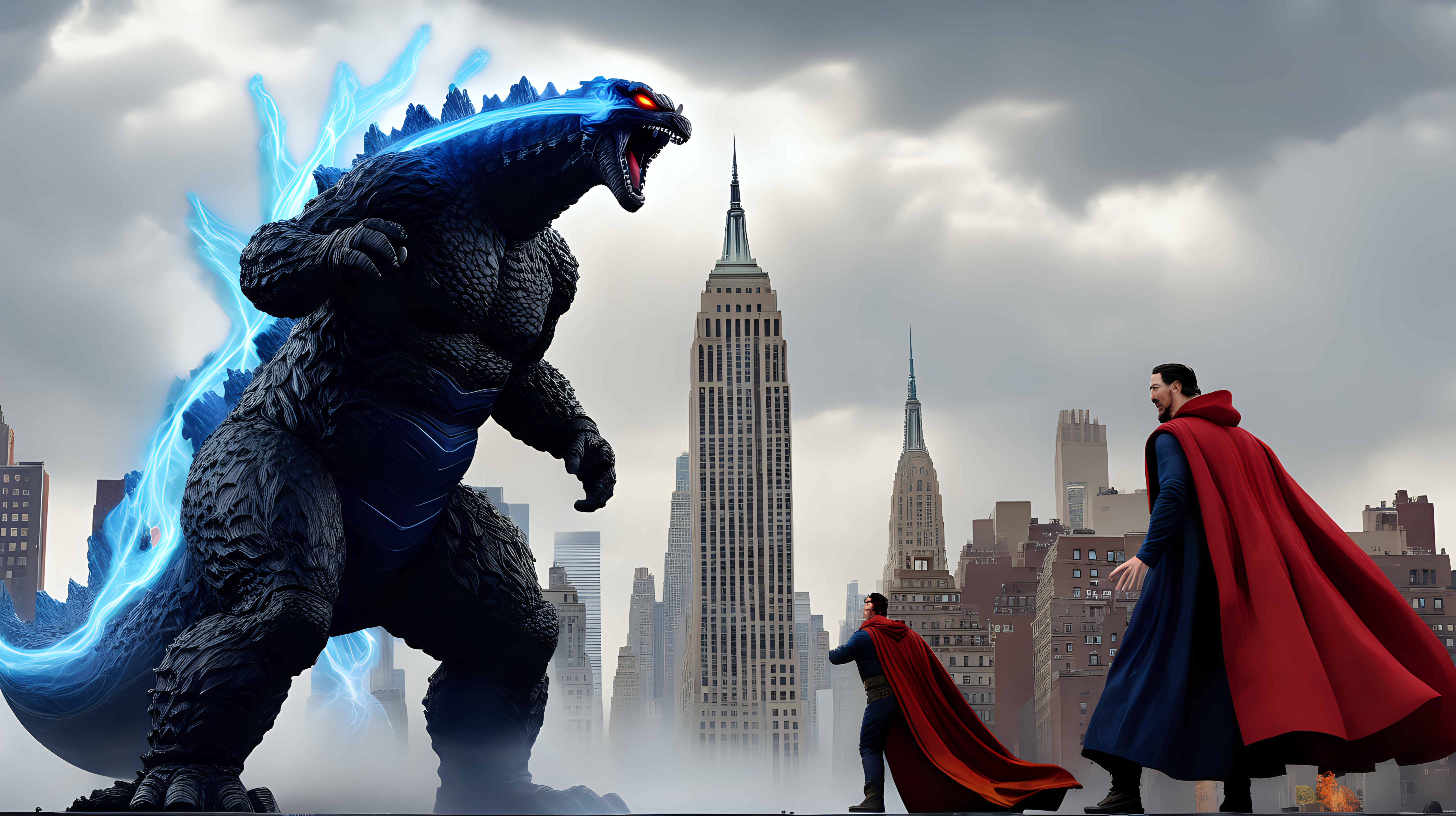 Godzilla fighting Doctor Strange in NYC