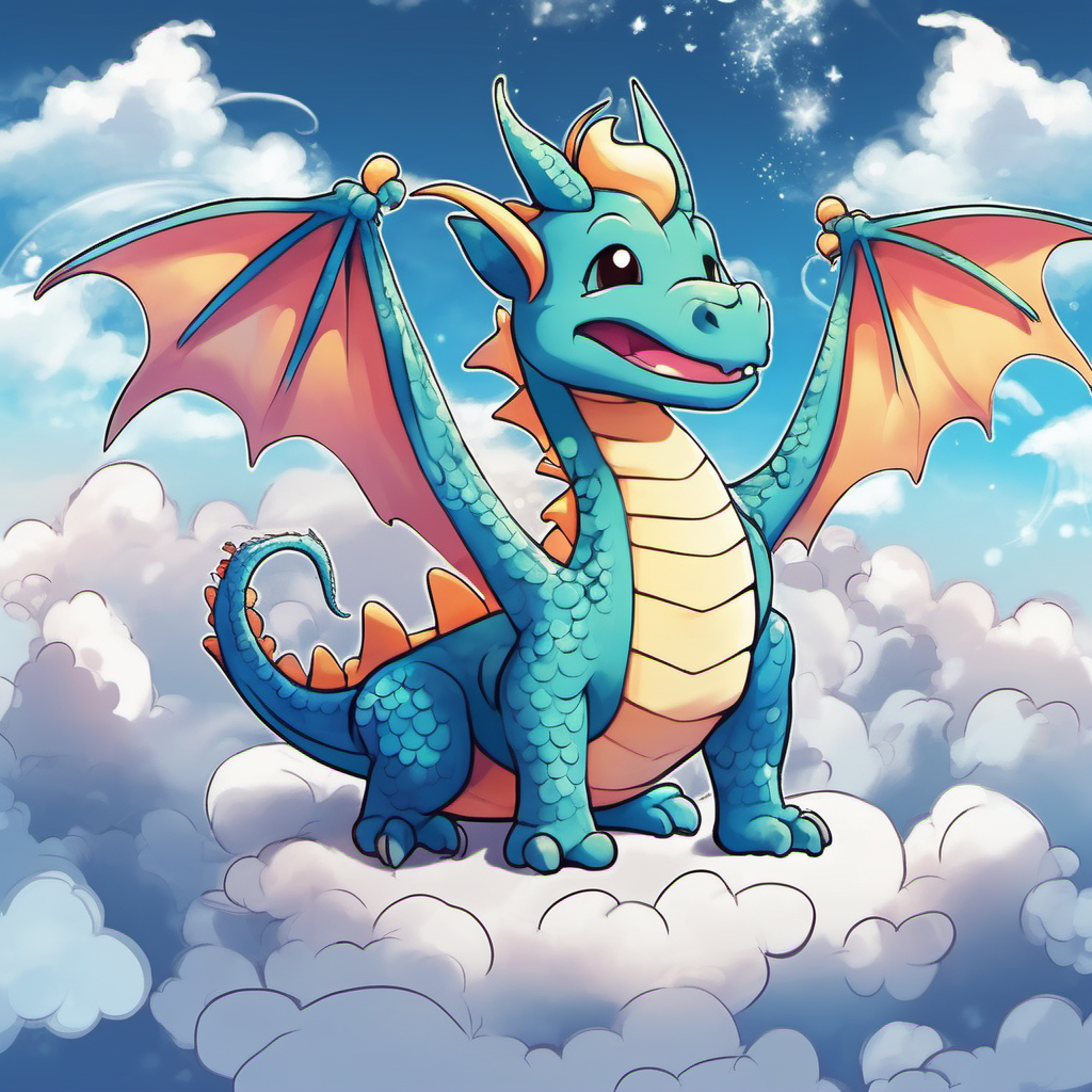 n anime manga style, a  cute friendly dragon puffing out breathes shimmering clouds of inspiration similar to Puff the Magic Dragon
