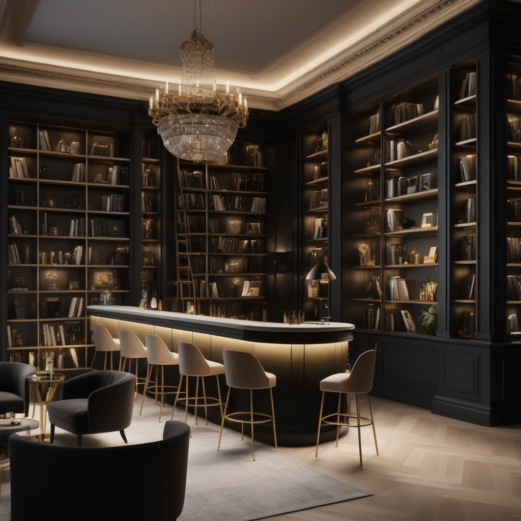 a hyperrealistic grand modern Parisian open plan library and bar  at night with mood lighting  in beige, oak, brass and black
