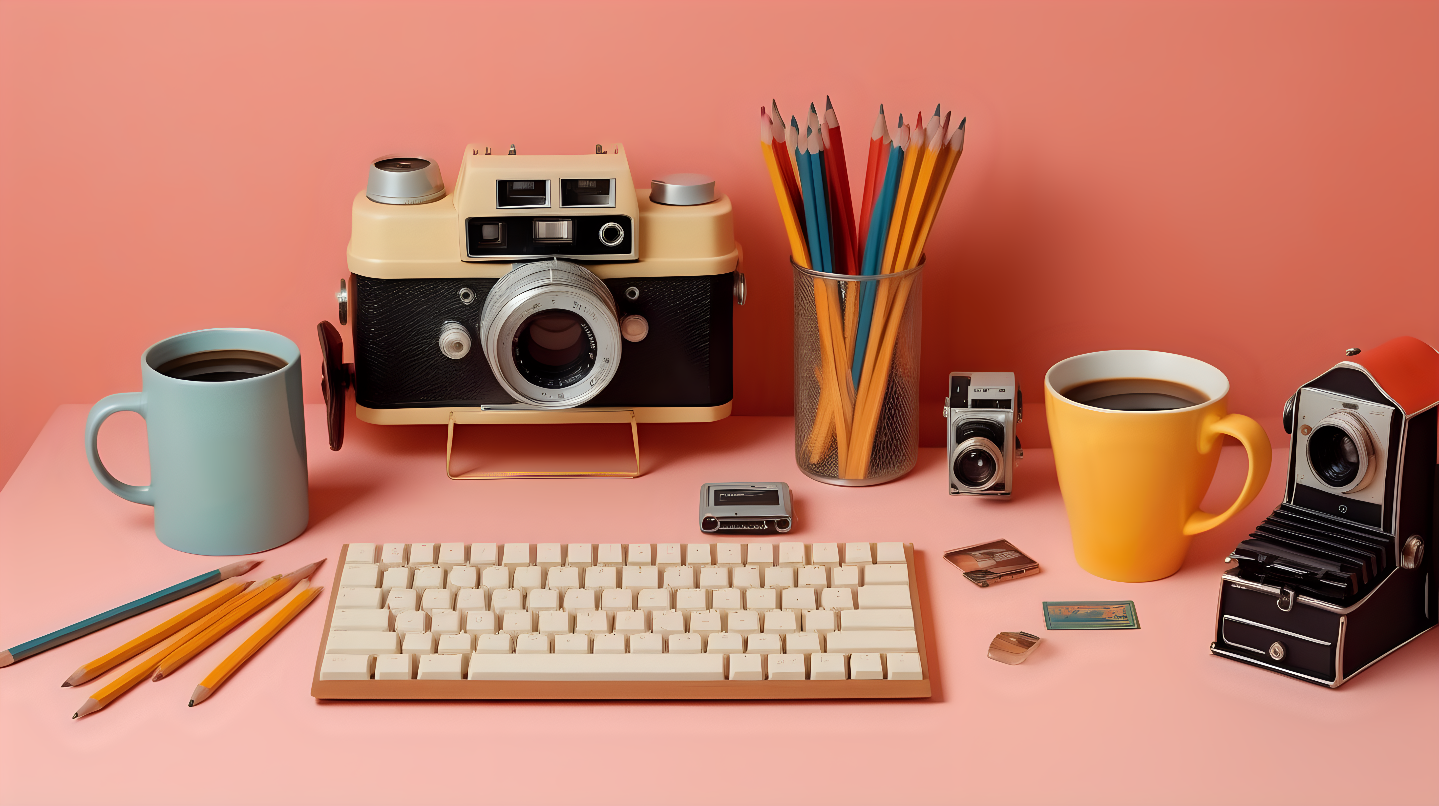 Desktop with coffee cup, pencils, keyboard and a film camera in the style of a wes anderson film