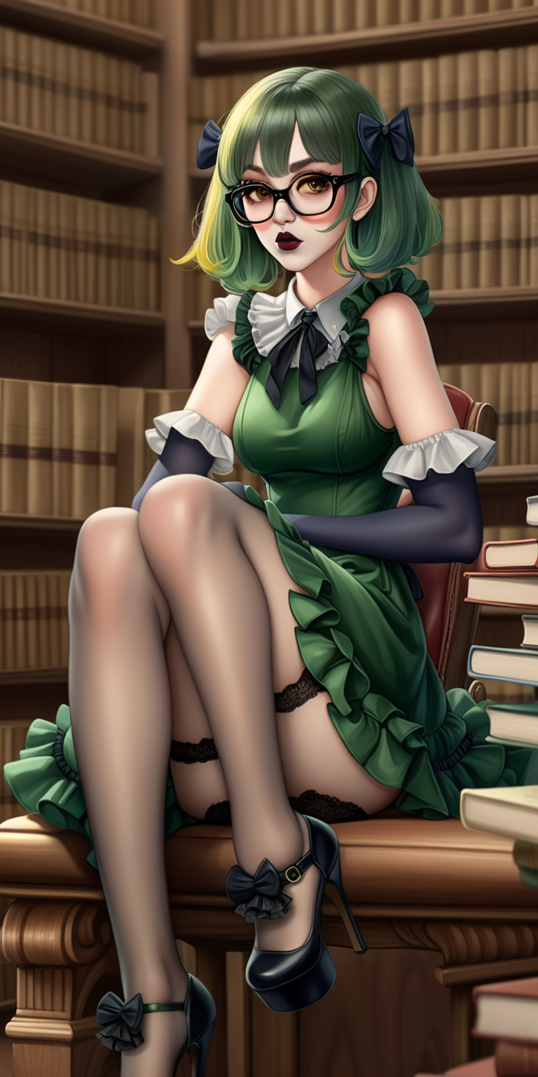 Anime woman with dark green hair and large lips with dark lipstick and heavy makeup wearing a frilly yellow dress, stockings, Mary Jane heels, and glasses. Vacant expression. Sitting in a library.