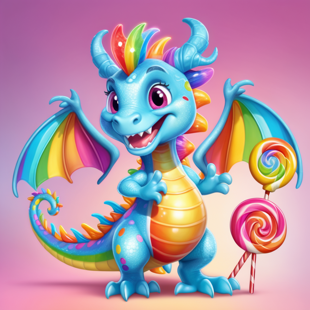  in cartoon storybook fairytale style, a full body image of a  friendly lollipop dragon named Sparkle with a rainbow colored tail similar to CandyLand
