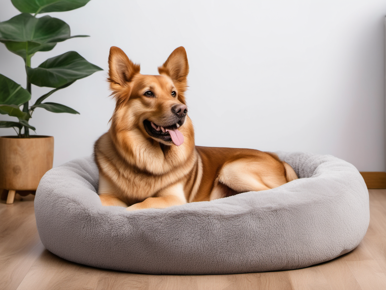 Create an image of a dog relaxing on the dog bed. The dog bed  type is round type, light grey color, fluffy. The dog is of a large size, looks happy and relaxed, with the tongue out, laying on the bed sideways to the camera, looking to the right, turned away from the camera. The color of dog is reddish brown. The dog bed is placed on the floor in the room. The room is lit with sunlight..