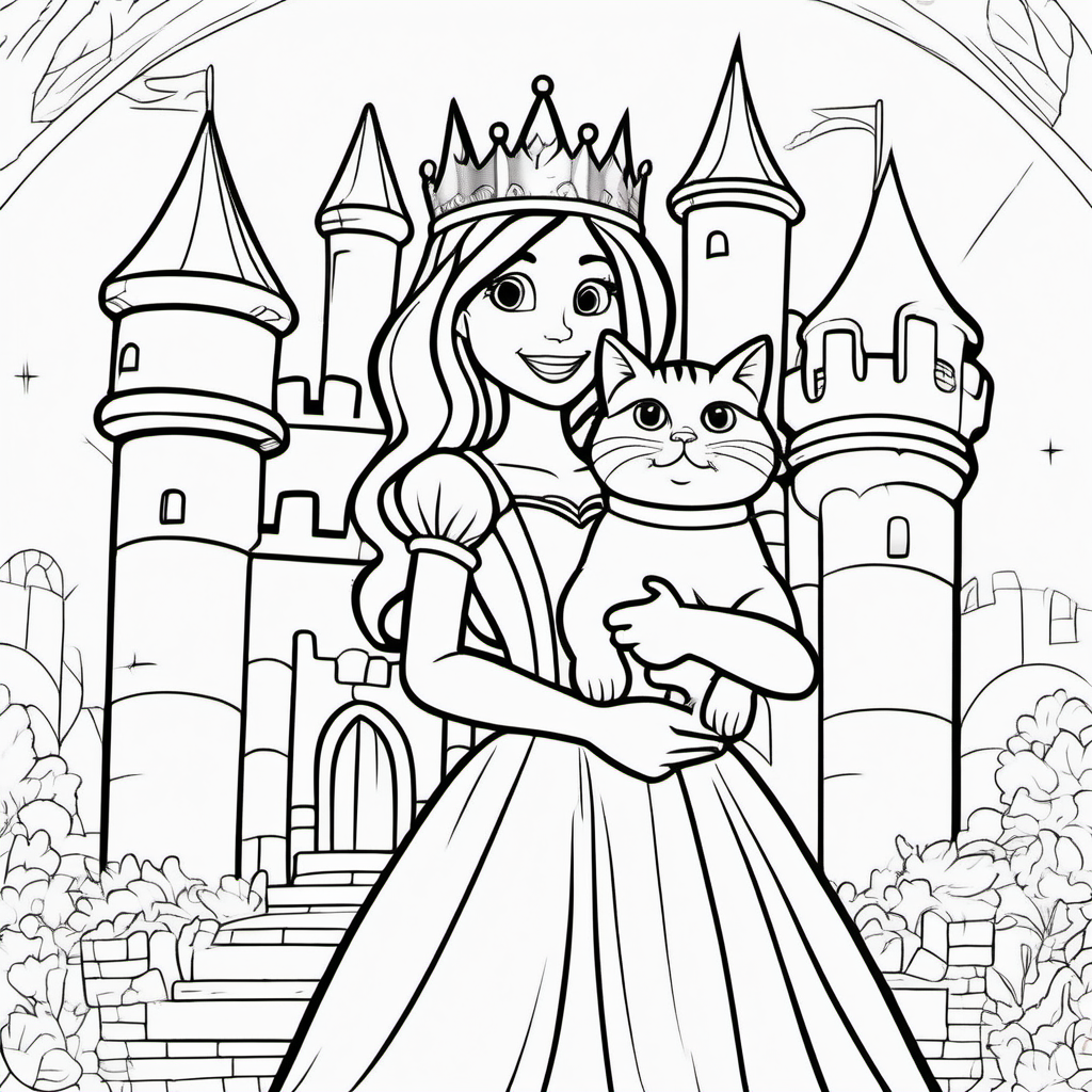 coloring pages for young kids, princess holding her royal pet cat where a little crown inside a castle,cartoon style, thick lines, low detail, no shading  