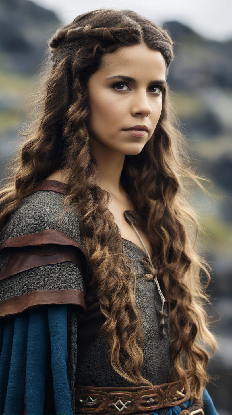 Actress Alba Baptista, with long, wavy brunette hair, dressed in viking clothes