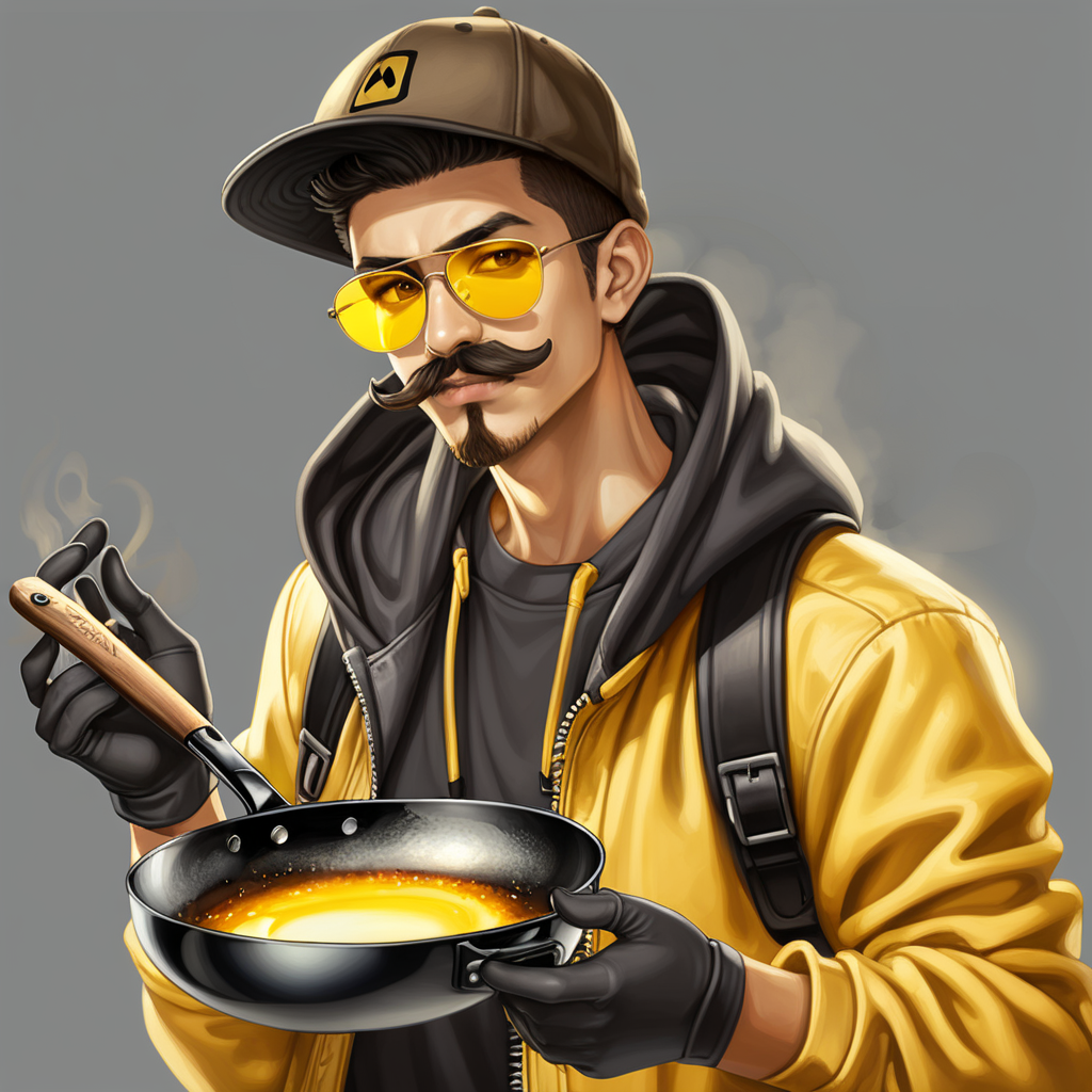 Young guy with smooth skin, yellow sunglasses, black cap, gloves, Hoodie, frying pan weapon, mustach goatee brown