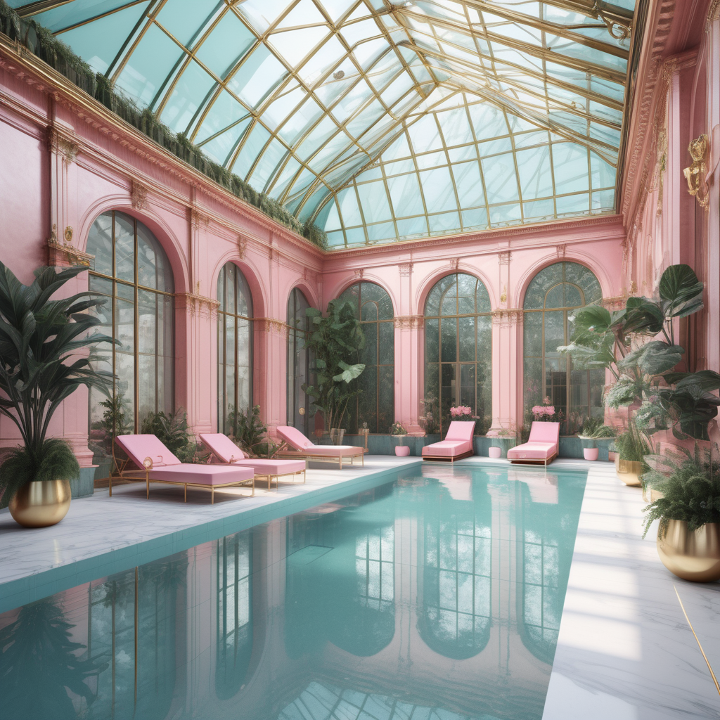 hyperrealistic image of grand modern Parisian  indoor pool with glass roof, sunbeds, hanging plants, in an aqua, pink and brass colour palette