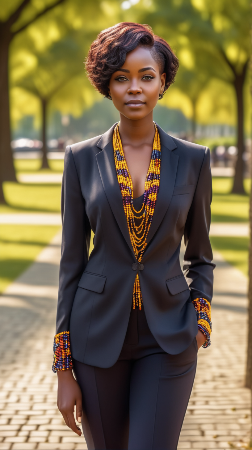 A handsome, intelligent black, female, wearing short hair, wearing a blouse, wearing a elegant, string of African beads, Wearing a Plumb, two piece, women's suit, in a park, brightly lit, modern day, sunny, in Ultra 4K, High Definition, full resolution, hyper realism